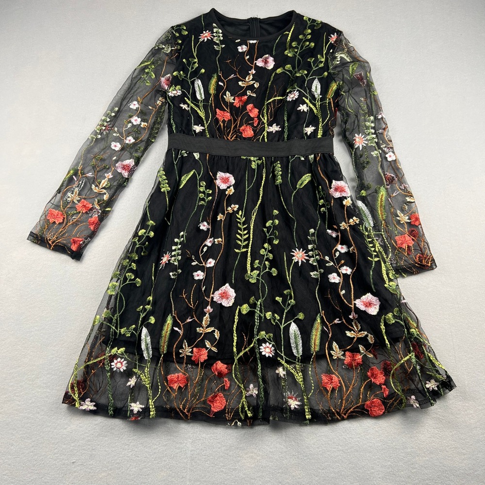Floral Embroidered Mesh Dress Cotagecore Small Black Sheer Mini Party Wedding - Picture 2 of 11